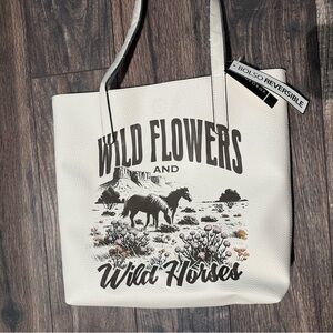White Wild Flowers and Wild Horses Tote Bag, Reversible tote bag by George NWT